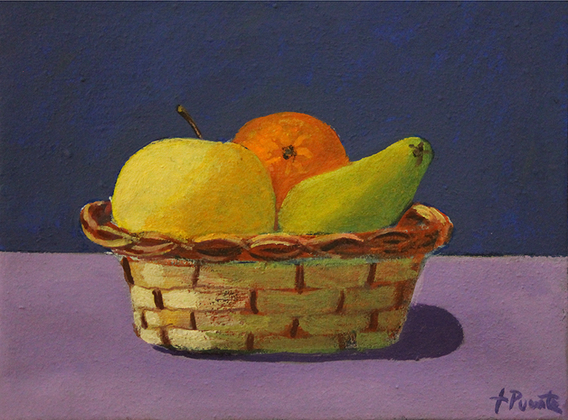Pintura 'Cesto con frutas' de Fernando Puente, naturaleza muerta 19 x 24 cm